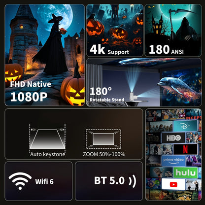 1x HY300 Pro Mini Portable Projector with Android 11.0 OS, 4K/1080P Smart Projector, Built-in Speakers, 180° Screen Rotation, Compatible with Netflix/YouTube/Hulu, Plug & Play Home Theater Projector for PC/Laptop-Free Movies