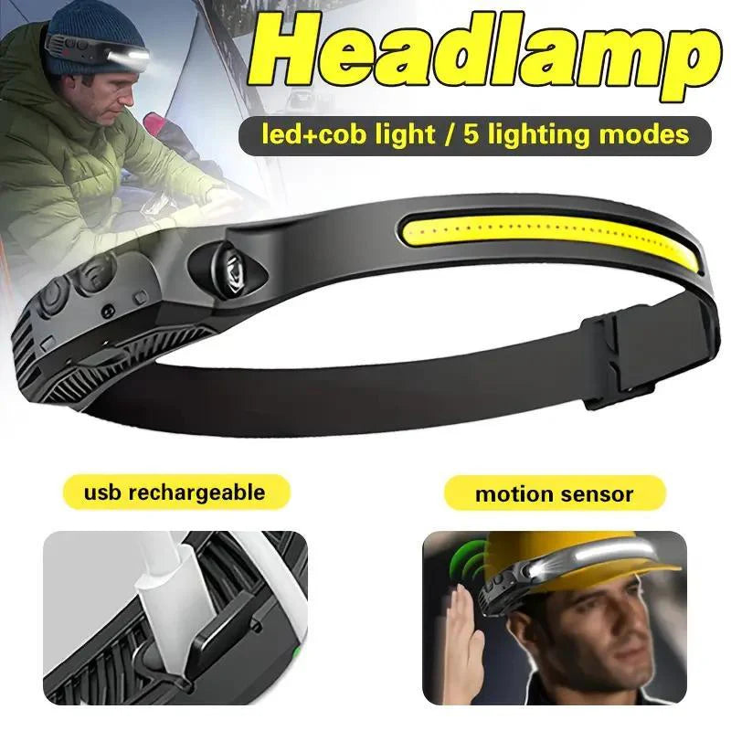 Rechargeable Headlamp with New 1200mAh Battery, 230° Wide-Angle LED and Motion Sensor, Ideal for Running, Fishing, Cycling, Camping, and Repairing